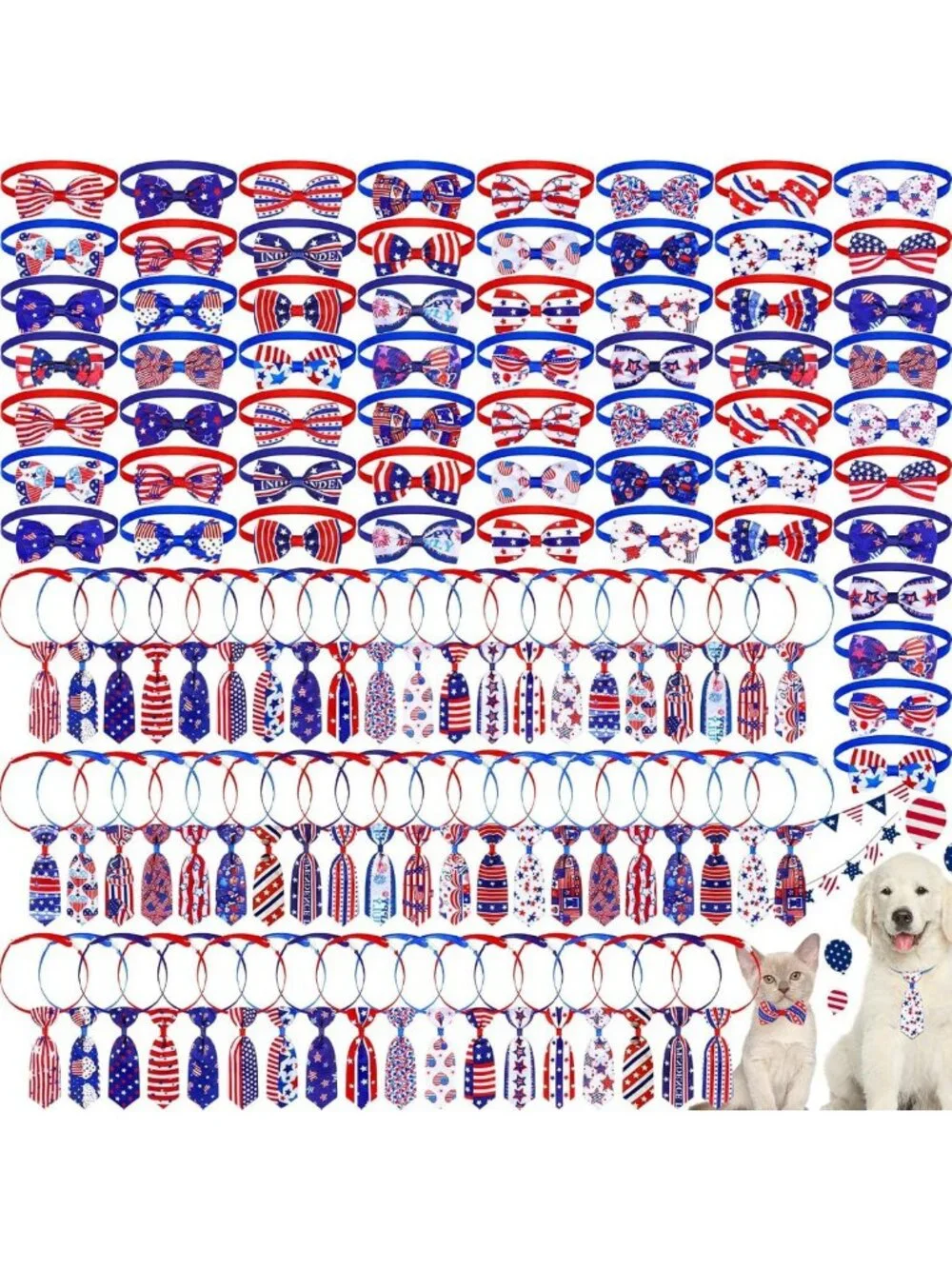 120 Pcs Patriotic Dog Bow Ties - 4th of July Red White Blue Adjustable Collars